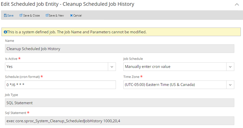 Shows example screen for cleaning up the scheduled job history. 